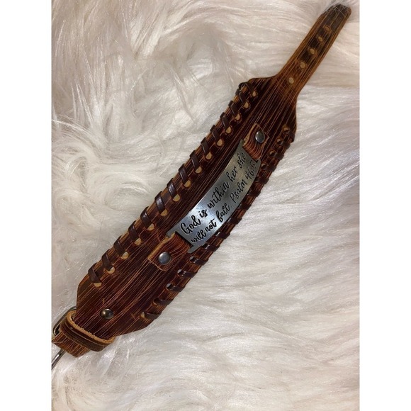 Leather wrist band Engraved verse. ‘God is with her she will not fall.’Psalm46:5 - Picture 4 of 4